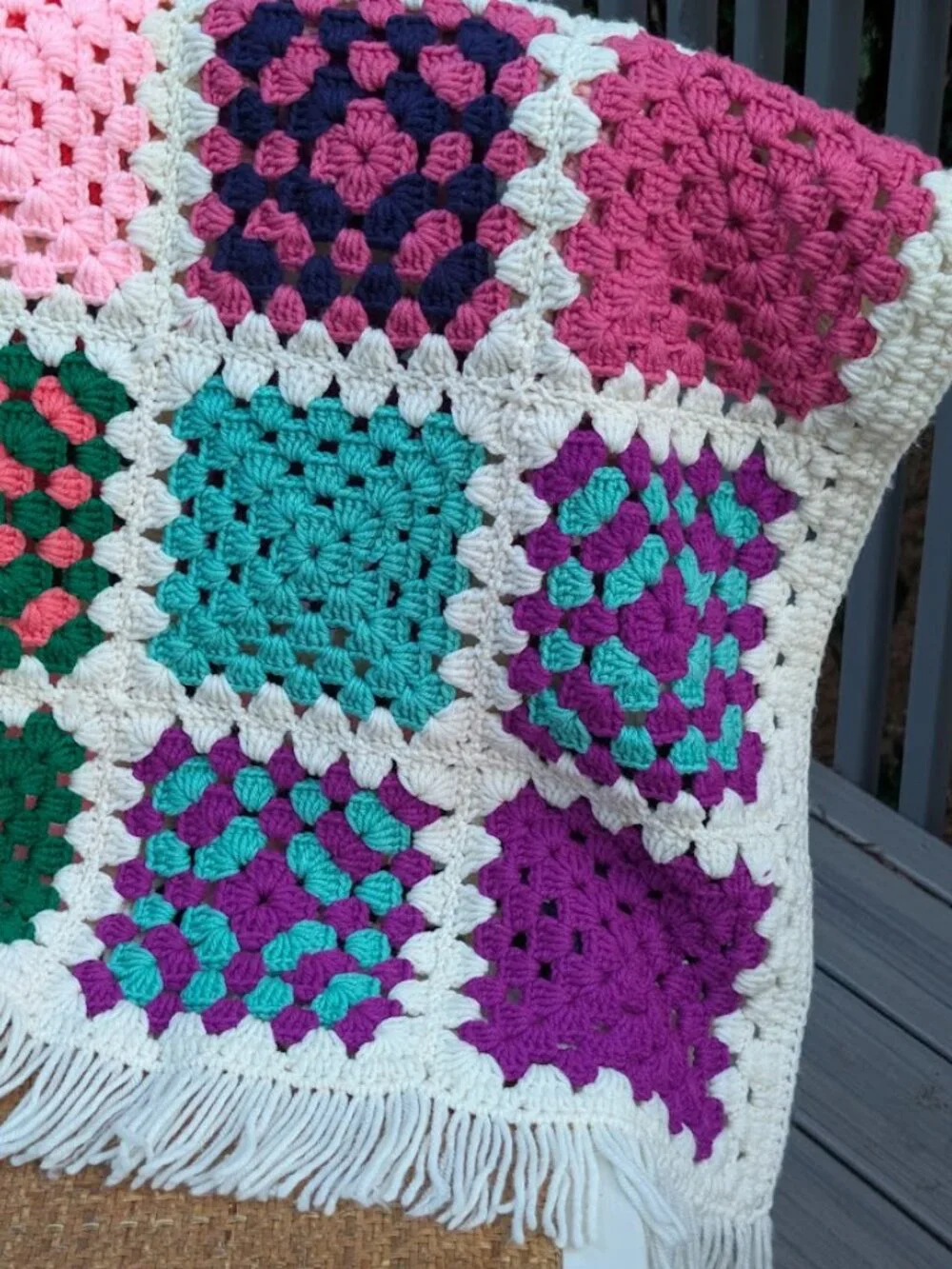 Handmade Crochet Granny Square Afghan Blanket Throw with Fringe 56